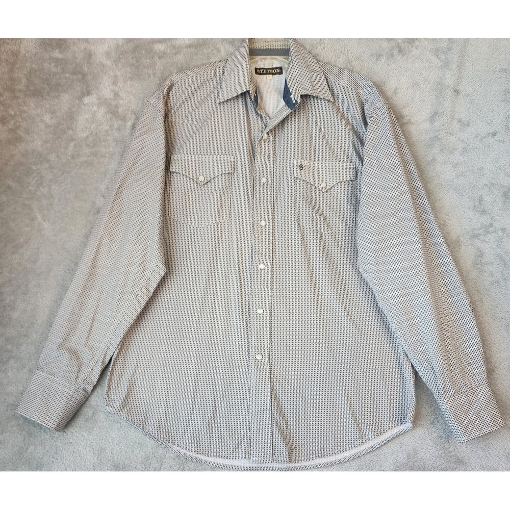 Stetson Shirt Mens Medium Brown White Pearl Snap Long Sleeve Western Cowboy